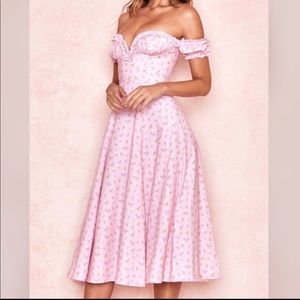 House of CB “Lauren” pink strapless midi dress.